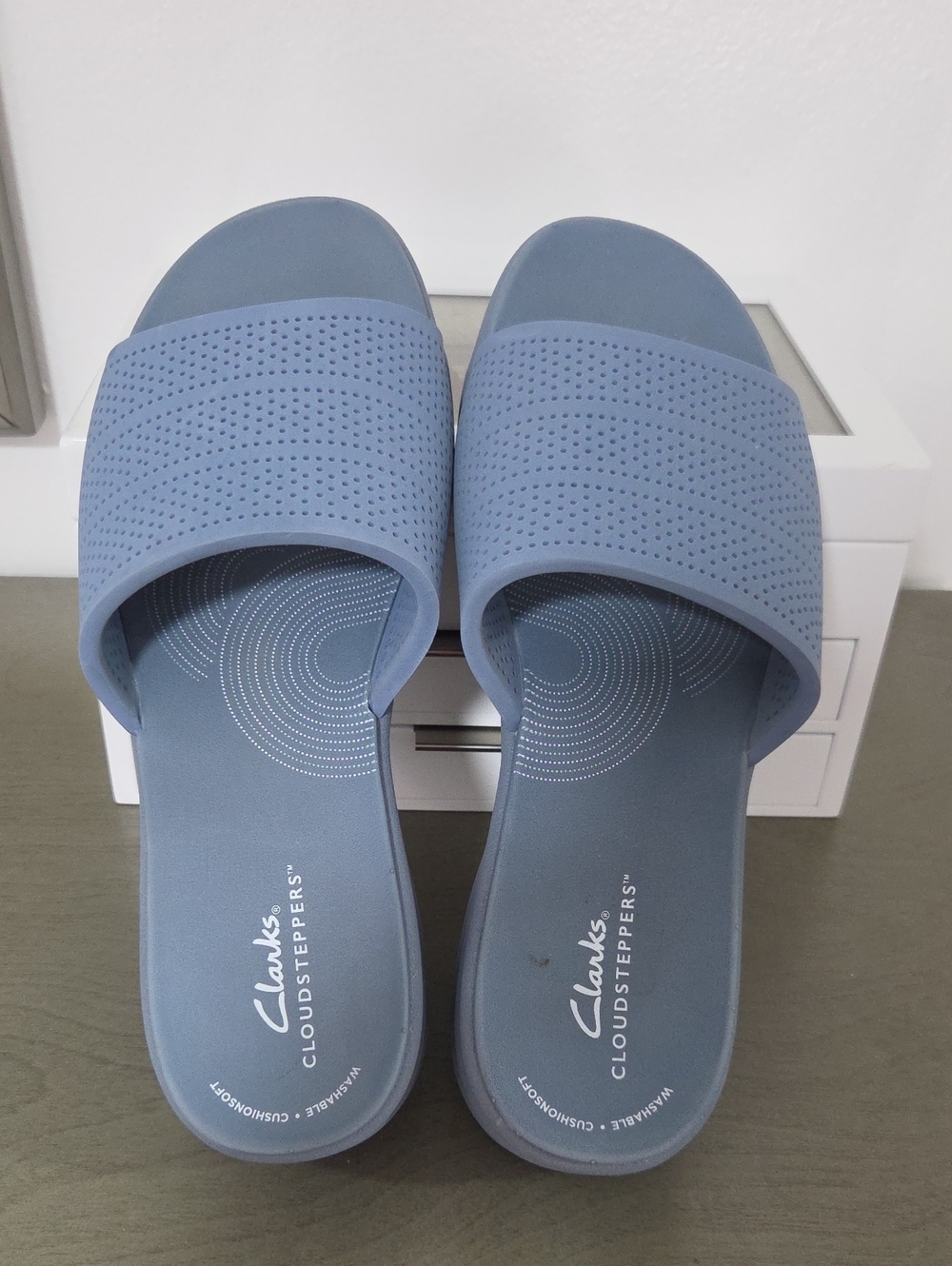 Clarks Cloudsteppers Perforated Dusty Blue Slide Sandals